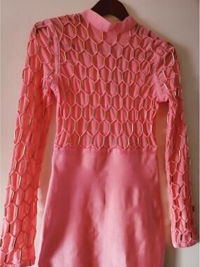 WOW Couture  Salmon Color Long Sleeve Dress with Hexagonal Mesh Detail Size M